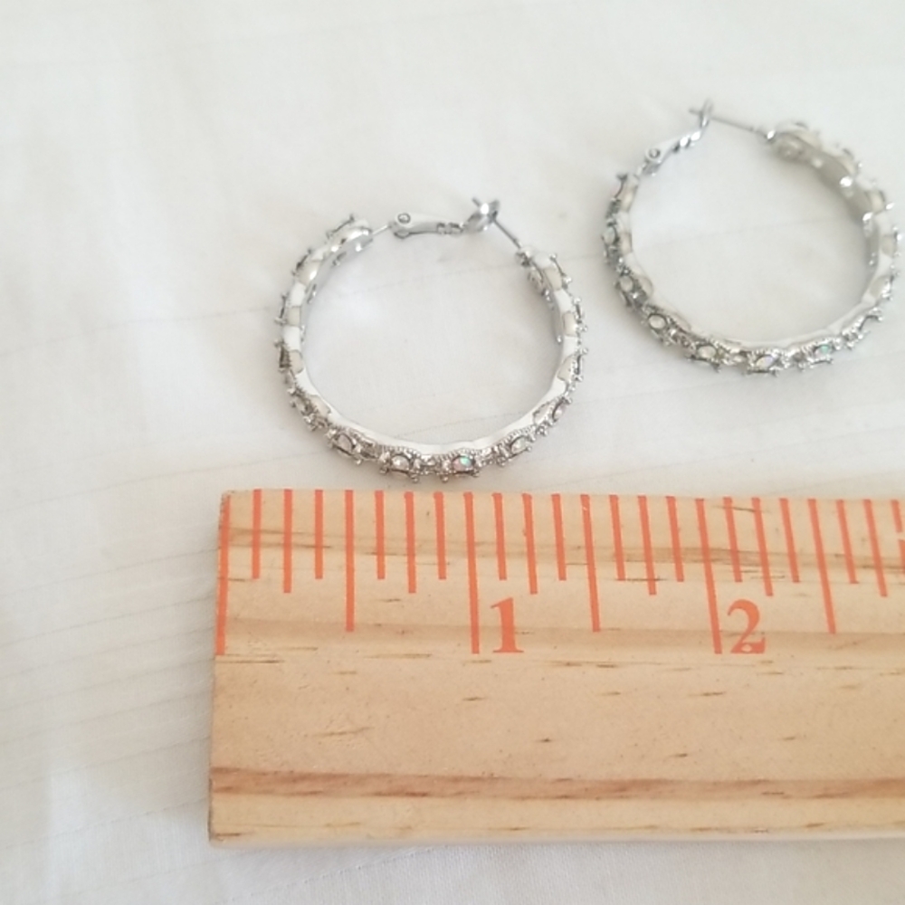 Silver Iridescent Rhinestone Hoop Earrings - Picture 2 of 4